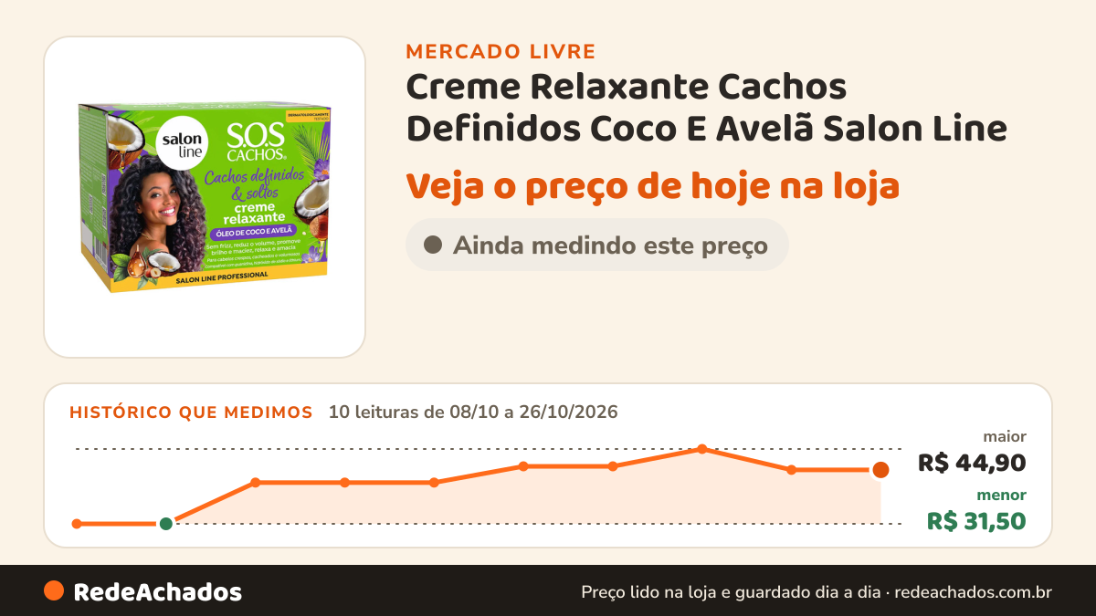 Histórico de preço de Creme Relaxante Cachos Definidos Coco E Avelã Salon Line no Mercado Livre: 10 leituras de 08/10/2026 a 26/10/2026, menor R$ 31,50, maior R$ 44,90