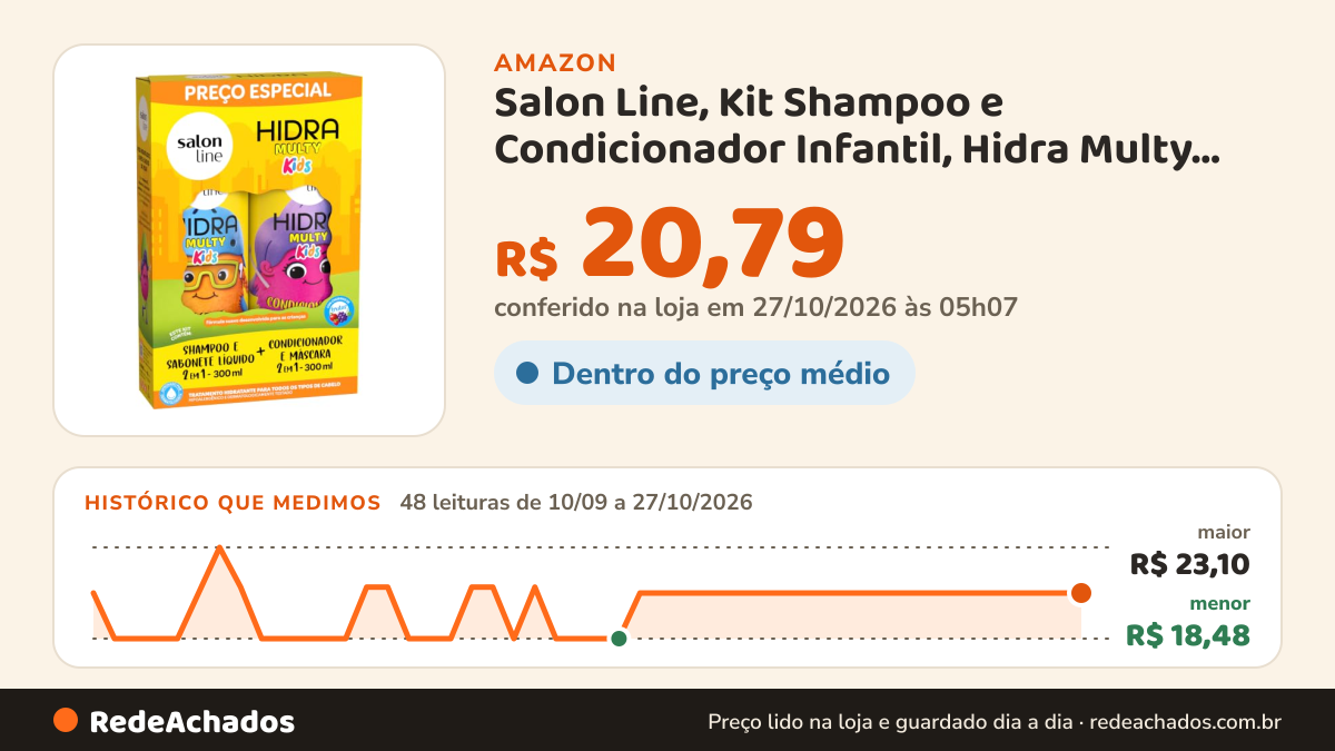 Histórico de preço de Salon Line, Kit Shampoo e Condicionador Infantil, Hidra Multy, Vegano - Todos os Tipos de… na Amazon: 48 leituras de 10/09/2026 a 27/10/2026, menor R$ 18,48, maior R$ 23,10; R$ 20,79 conferido em 27/10/2026 às 05h07