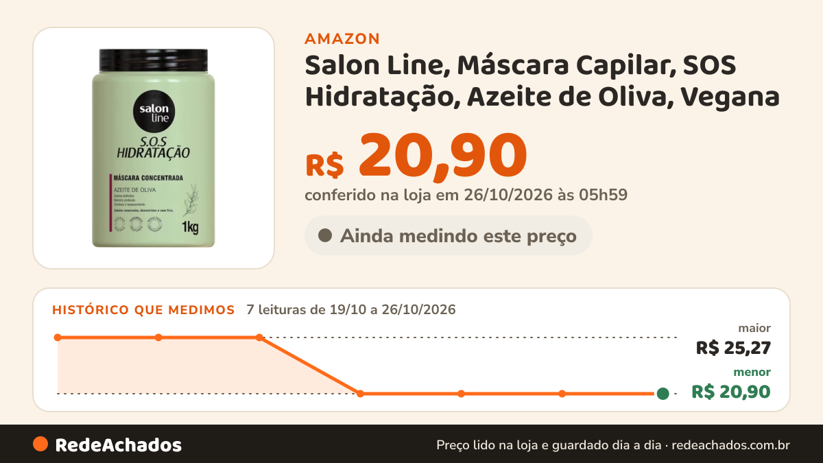 Histórico de preço de Salon Line, Máscara Capilar, SOS Hidratação, Azeite de Oliva, Vegana - Cabelos Cacheados e… na Amazon: 7 leituras de 19/10/2026 a 26/10/2026, menor R$ 20,90, maior R$ 25,27; R$ 20,90 conferido em 26/10/2026 às 05h59