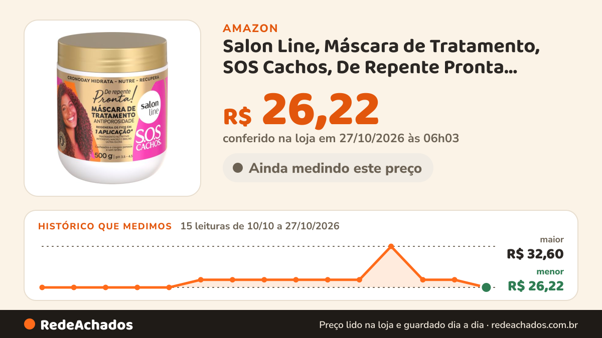 Histórico de preço de Salon Line, Máscara de Tratamento, SOS Cachos, De Repente Pronta, Vegano - Para Cabelos… na Amazon: 14 leituras de 10/10/2026 a 25/10/2026, menor R$ 26,22, maior R$ 32,60