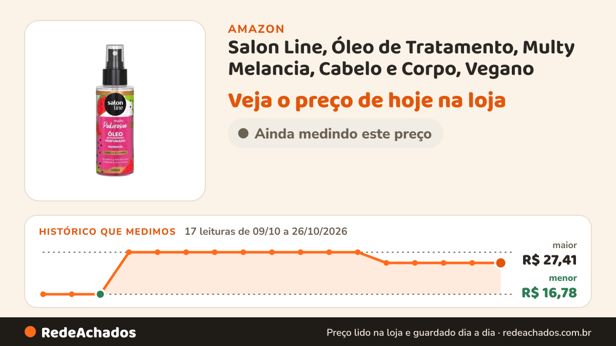 Histórico de preço de Salon Line, Óleo de Tratamento, Multy Melancia, Cabelo e Corpo, Vegano - Todos os Tipos de… na Amazon: 17 leituras de 09/10/2026 a 26/10/2026, menor R$ 16,78, maior R$ 27,41; R$ 24,70 conferido em 26/10/2026 às 15h59