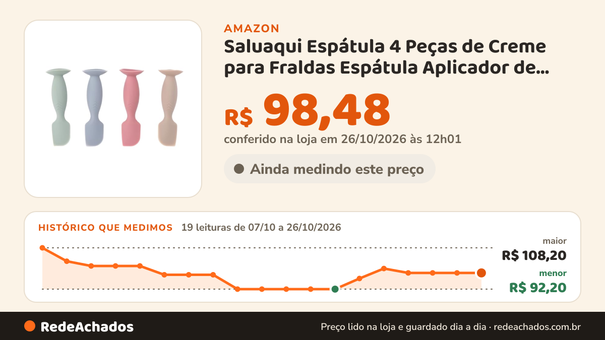 Histórico de preço de Saluaqui Espátula 4 Peças de Creme para Fraldas Espátula Aplicador de Pasta de Bunda de… na Amazon: 18 leituras de 07/10/2026 a 25/10/2026, menor R$ 92,20, maior R$ 108,20; R$ 98,48 conferido em 25/10/2026 às 05h58