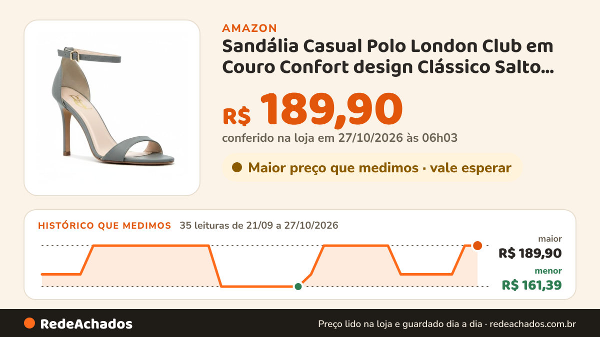 Histórico de preço de Sandália Casual Polo London Club em Couro Confort design Clássico Salto Alto Fino… na Amazon: 35 leituras de 21/09/2026 a 27/10/2026, menor R$ 161,39, maior R$ 189,90; R$ 189,90 conferido em 27/10/2026 às 06h03