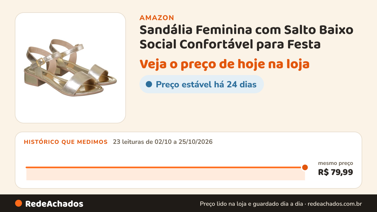 Histórico de preço de Sandália Feminina com Salto Baixo Social Confortável para Festa (Dourado, BR, Adulto… na Amazon: 23 leituras de 02/10/2026 a 25/10/2026, mesmo preço, R$ 79,99, em todas
