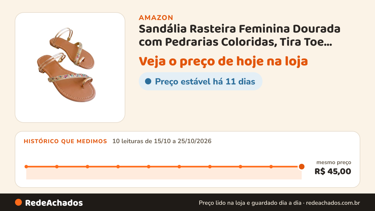 Histórico de preço de Sandália Rasteira Feminina Dourada com Pedrarias Coloridas, Tira Toe Ring, Salto Baixo… na Amazon: 10 leituras de 15/10/2026 a 25/10/2026, mesmo preço, R$ 45,00, em todas