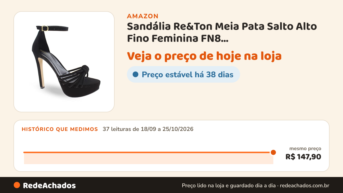 Histórico de preço de Sandália Re&Ton Meia Pata Salto Alto Fino Feminina FN8 Cor:Preto;Tamanho:36 na Amazon: 37 leituras de 18/09/2026 a 25/10/2026, mesmo preço, R$ 147,90, em todas