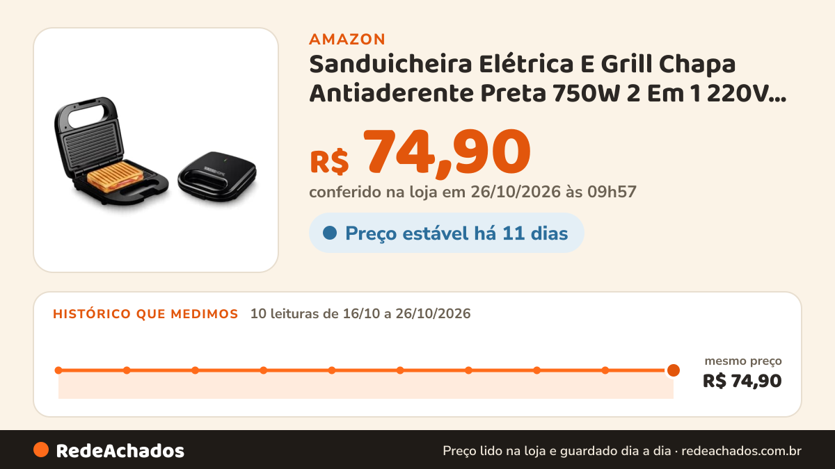 Histórico de preço de Sanduicheira Elétrica E Grill Chapa Antiaderente Preta 750W 2 Em 1 220V Oliver Home na Amazon: 10 leituras de 16/10/2026 a 26/10/2026, mesmo preço, R$ 74,90, em todas; R$ 74,90 conferido em 26/10/2026 às 09h57