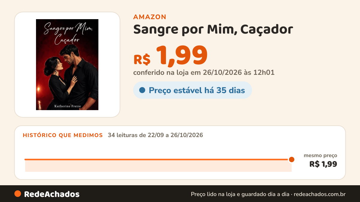 Histórico de preço de Sangre por Mim, Caçador na Amazon: 33 leituras de 22/09/2026 a 25/10/2026, mesmo preço, R$ 1,99, em todas; R$ 1,99 conferido em 25/10/2026 às 05h58