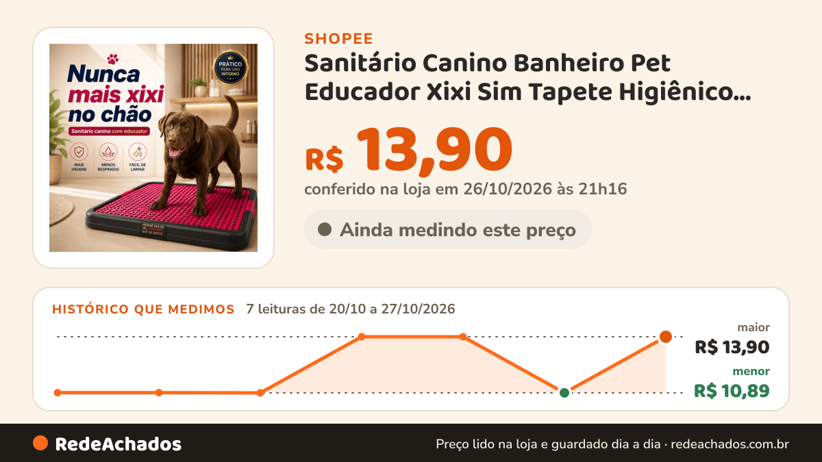 Histórico de preço de Sanitário Canino Banheiro Pet Educador Xixi Sim Tapete Higiênico Cachorro- Xixi facil na Shopee: 7 leituras de 20/10/2026 a 27/10/2026, menor R$ 10,89, maior R$ 13,90; R$ 13,90 conferido em 26/10/2026 às 21h16