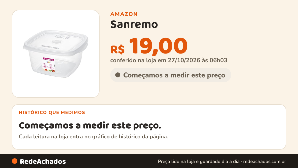 Histórico de preço de Sanremo - Pote Plástico Hermético Quadrado de 800ml, Linha Fácil na Amazon: 19 leituras de 25/09/2026 a 25/10/2026, menor R$ 8,06, maior R$ 19,00