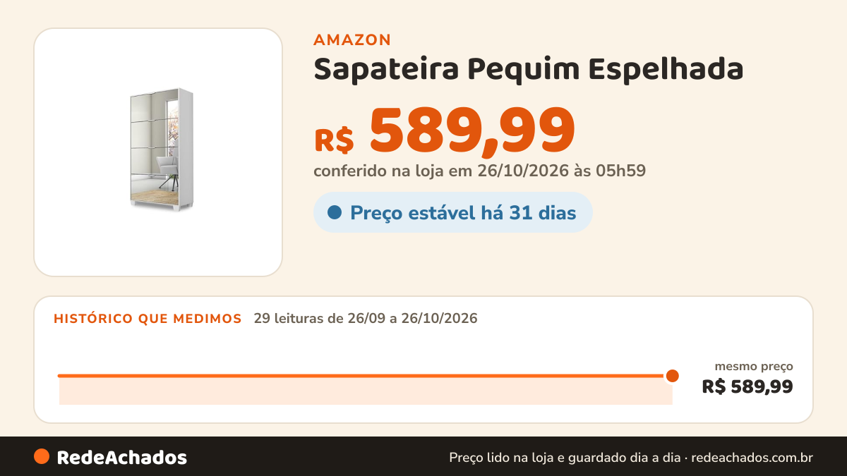 Histórico de preço de Sapateira Pequim Espelhada (Branco) na Amazon: 29 leituras de 26/09/2026 a 26/10/2026, mesmo preço, R$ 589,99, em todas; R$ 589,99 conferido em 26/10/2026 às 05h59