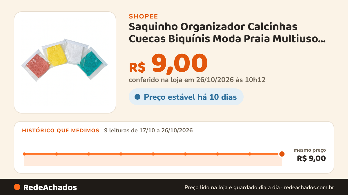 Histórico de preço de Saquinho Organizador Calcinhas Cuecas Biquínis Moda Praia Multiuso Guarda Roupa na Shopee: 8 leituras de 17/10/2026 a 25/10/2026, mesmo preço, R$ 9,00, em todas; R$ 9,00 conferido em 25/10/2026 às 05h00