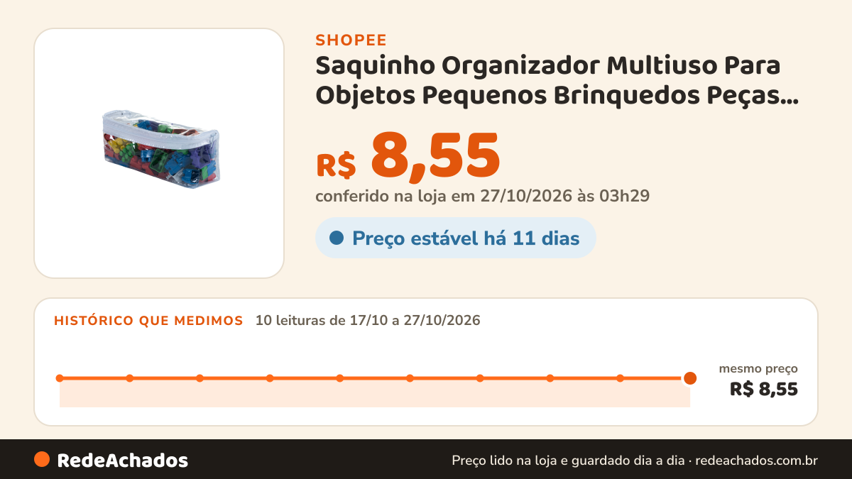Histórico de preço de Saquinho Organizador Multiuso Para Objetos Pequenos Brinquedos Peças Parafusos e Laços Pvc… na Shopee: 10 leituras de 17/10/2026 a 27/10/2026, mesmo preço, R$ 8,55, em todas; R$ 8,55 conferido em 27/10/2026 às 03h29