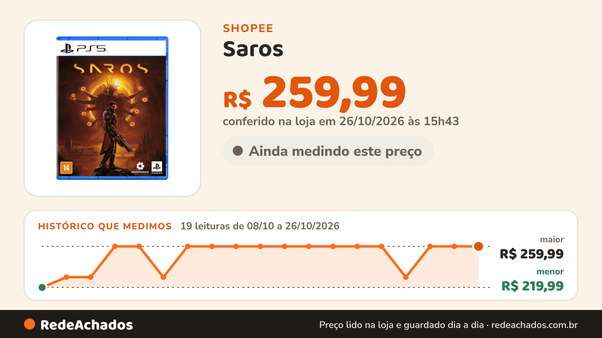 Histórico de preço de Saros - Playstation 5 na Shopee: 18 leituras de 08/10/2026 a 25/10/2026, menor R$ 219,99, maior R$ 259,99; R$ 259,99 conferido em 25/10/2026 às 10h29