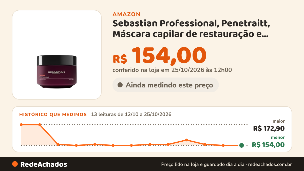 Histórico de preço de Sebastian Professional, Penetraitt, Máscara capilar de restauração e resgate para cabelos… na Amazon: 13 leituras de 12/10/2026 a 25/10/2026, menor R$ 154,00, maior R$ 172,90; R$ 154,00 conferido em 25/10/2026 às 12h00