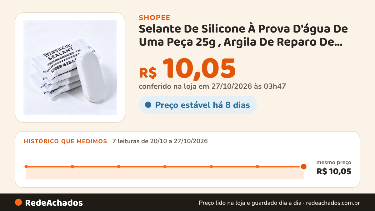 Histórico de preço de Selante De Silicone À Prova D'água De Uma Peça 25g , Argila De Reparo De Secagem De Ar Com… na Shopee: 7 leituras de 20/10/2026 a 27/10/2026, mesmo preço, R$ 10,05, em todas; R$ 10,05 conferido em 27/10/2026 às 03h47