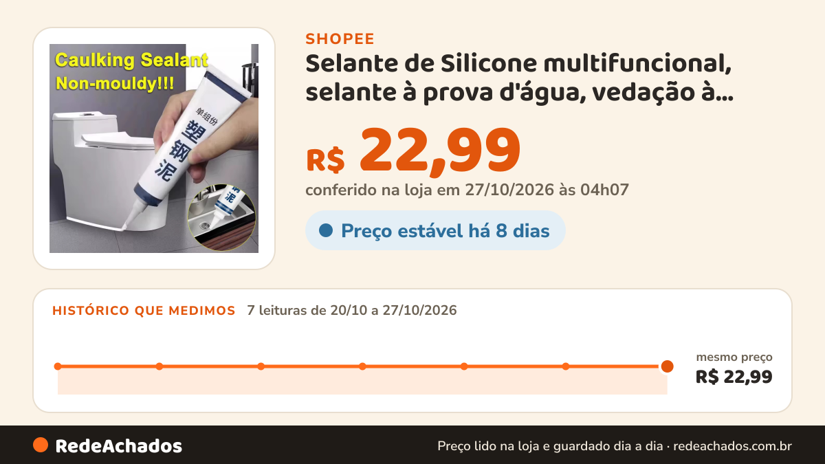 Histórico de preço de Selante de Silicone multifuncional, selante à prova d'água, vedação à prova de mofo… na Shopee: 7 leituras de 20/10/2026 a 27/10/2026, mesmo preço, R$ 22,99, em todas; R$ 22,99 conferido em 27/10/2026 às 04h07