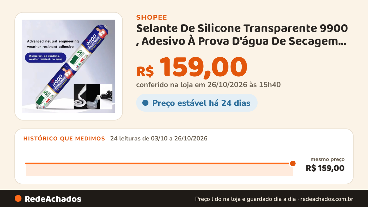 Histórico de preço de Selante De Silicone Transparente 9900 , Adesivo À Prova D'água De Secagem Rápida Para… na Shopee: 24 leituras de 03/10/2026 a 26/10/2026, mesmo preço, R$ 159,00, em todas; R$ 159,00 conferido em 26/10/2026 às 15h40
