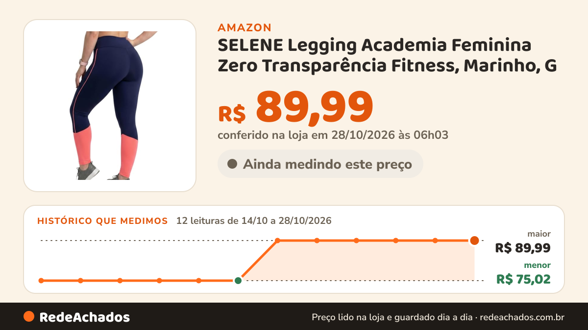 Histórico de preço de SELENE Legging Academia Feminina Zero Transparência Fitness, Marinho, G na Amazon: 11 leituras de 14/10/2026 a 27/10/2026, menor R$ 75,02, maior R$ 89,99; R$ 89,99 conferido em 27/10/2026 às 00h03