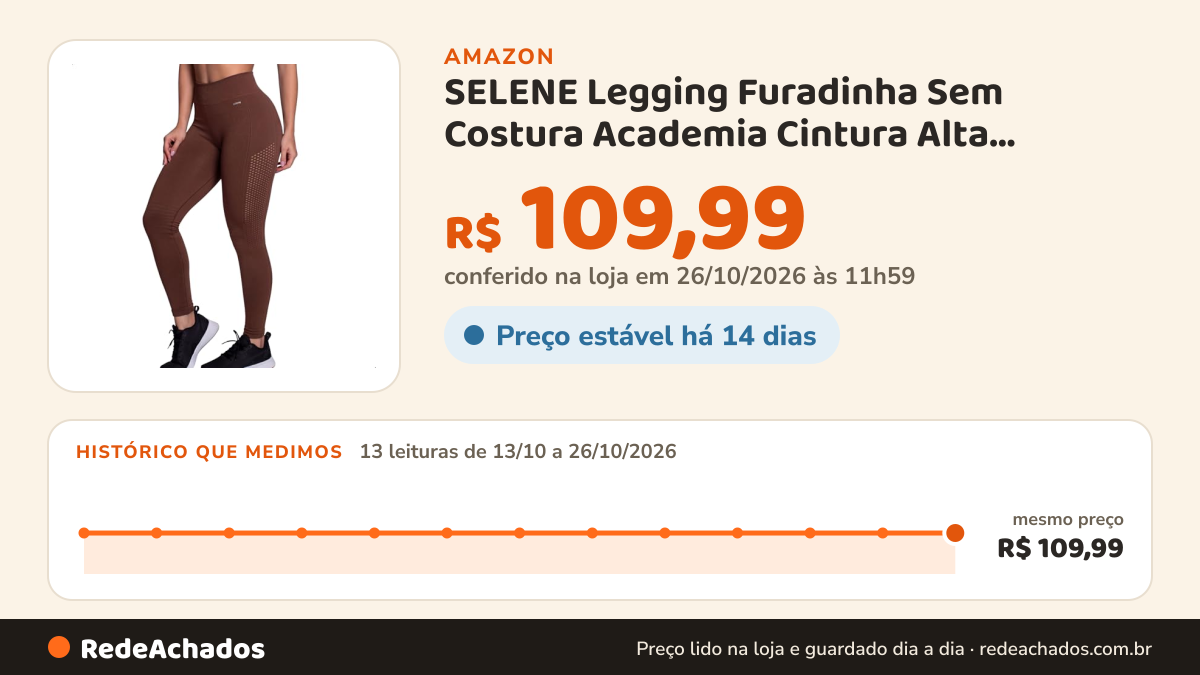Histórico de preço de SELENE Legging Furadinha Sem Costura Academia Cintura Alta Fitness, Cappuccino, G na Amazon: 13 leituras de 13/10/2026 a 26/10/2026, mesmo preço, R$ 109,99, em todas; R$ 109,99 conferido em 26/10/2026 às 11h59