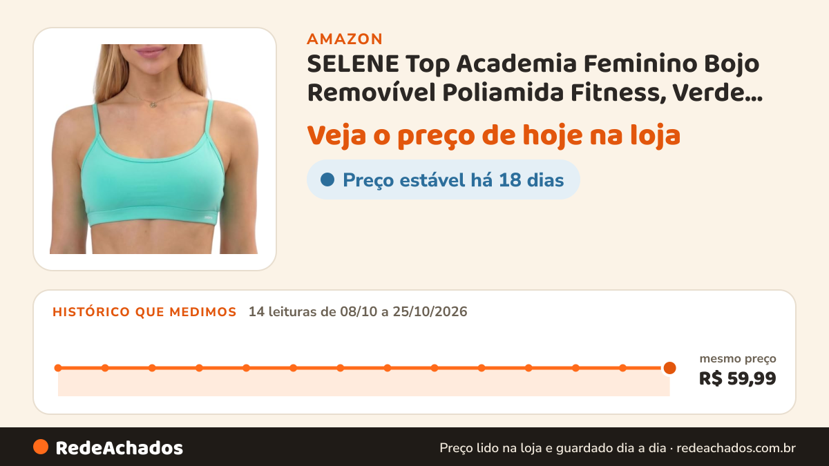 Histórico de preço de SELENE Top Academia Feminino Bojo Removível Poliamida Fitness, Verde Água, G na Amazon: 14 leituras de 08/10/2026 a 25/10/2026, mesmo preço, R$ 59,99, em todas