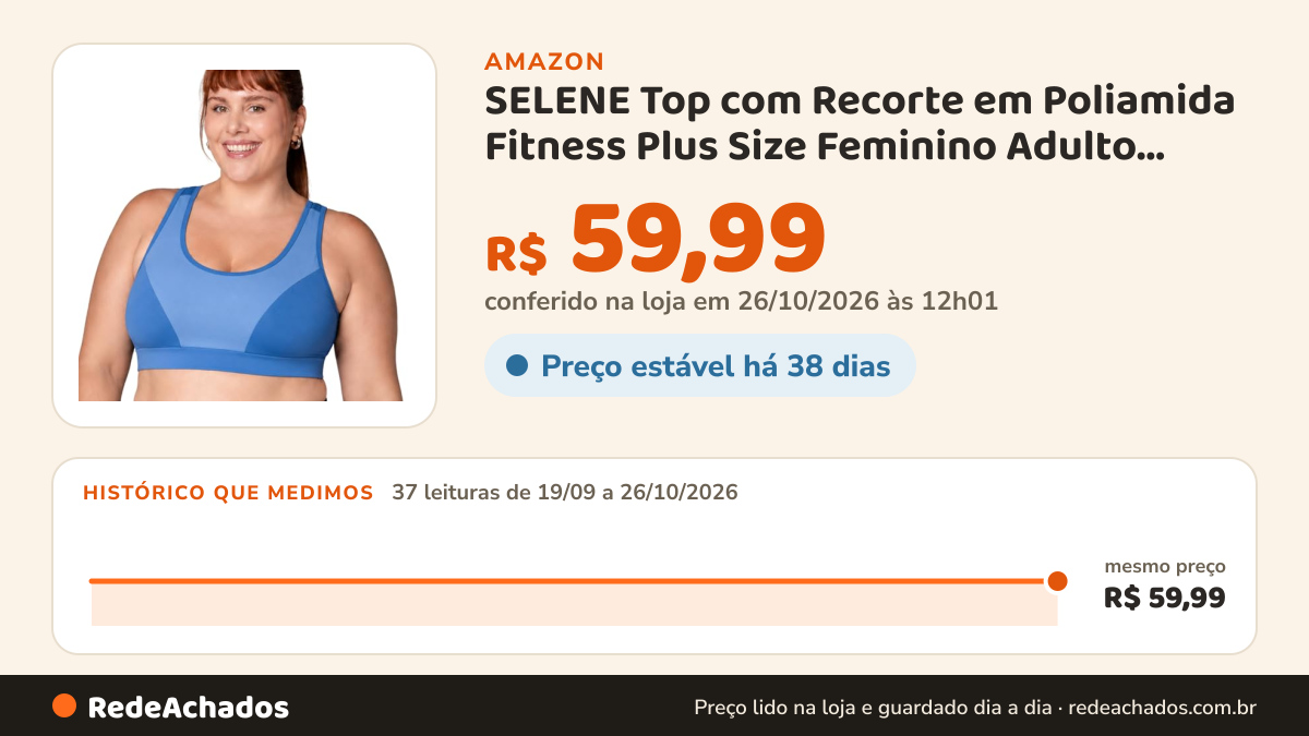 Histórico de preço de SELENE Top com Recorte em Poliamida Fitness Plus Size Feminino Adulto, Náutico, X2 na Amazon: 36 leituras de 19/09/2026 a 25/10/2026, mesmo preço, R$ 59,99, em todas; R$ 59,99 conferido em 25/10/2026 às 05h58