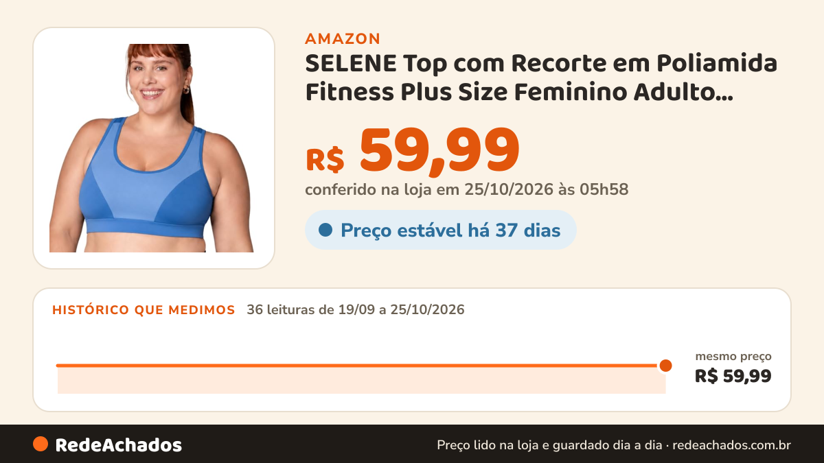 Histórico de preço de SELENE Top com Recorte em Poliamida Fitness Plus Size Feminino Adulto, Náutico, X2 na Amazon: 36 leituras de 19/09/2026 a 25/10/2026, mesmo preço, R$ 59,99, em todas; R$ 59,99 conferido em 25/10/2026 às 05h58