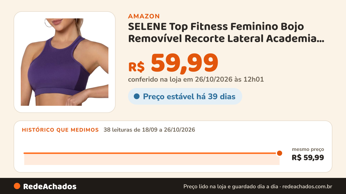 Histórico de preço de SELENE Top Fitness Feminino Bojo Removível Recorte Lateral Academia Suplex, Roxo, GG na Amazon: 38 leituras de 18/09/2026 a 26/10/2026, mesmo preço, R$ 59,99, em todas; R$ 59,99 conferido em 26/10/2026 às 12h01