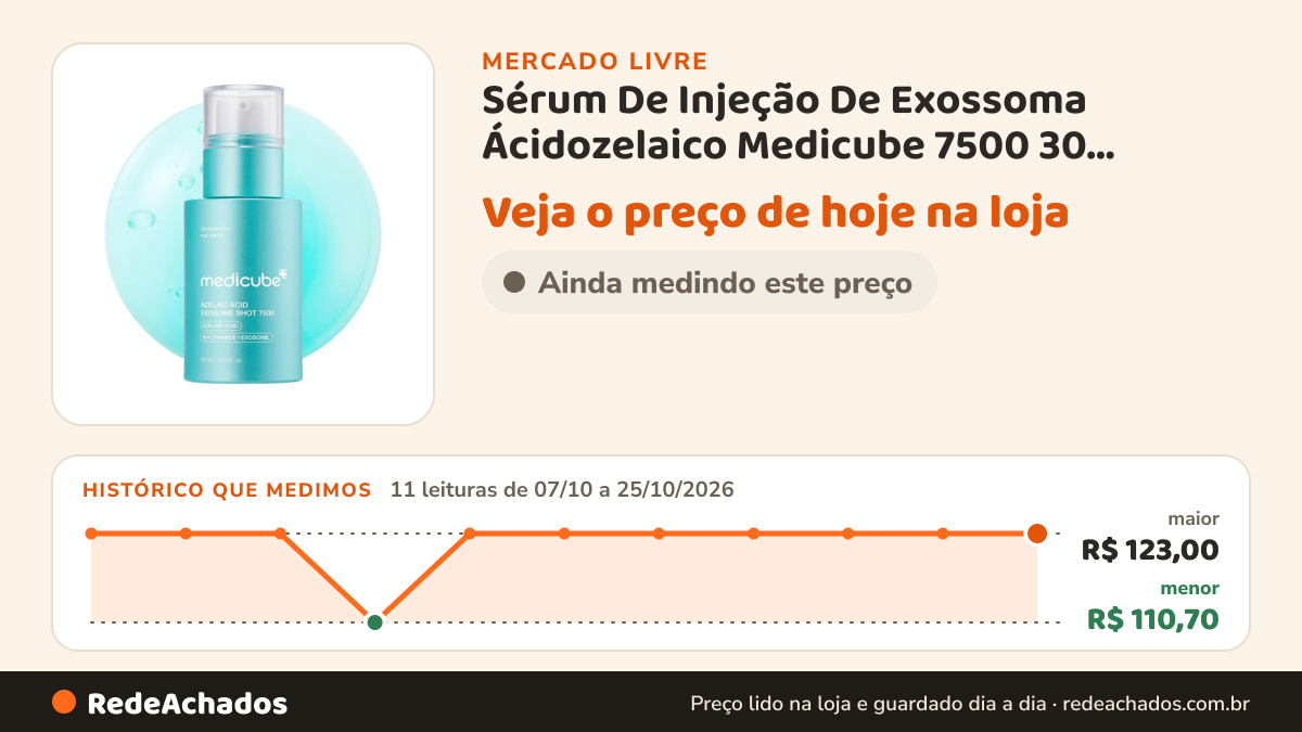 Histórico de preço de Sérum De Injeção De Exossoma Ácidozelaico Medicube 7500 30 Acneica Noite no Mercado Livre: 11 leituras de 07/10/2026 a 25/10/2026, menor R$ 110,70, maior R$ 123,00