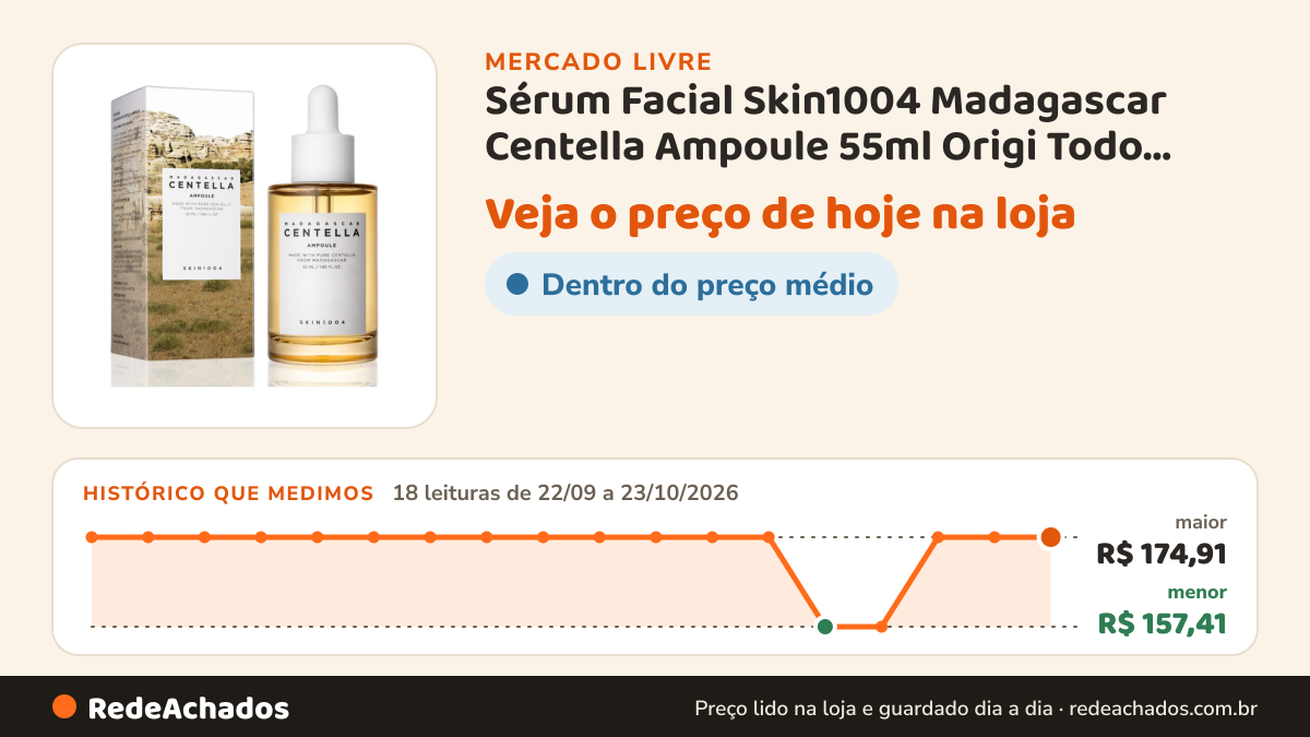 Histórico de preço de Sérum Facial Skin1004 Madagascar Centella Ampoule 55ml Origi Todo Tipo De Pele Dia/noite no Mercado Livre: 18 leituras de 22/09/2026 a 23/10/2026, menor R$ 157,41, maior R$ 174,91