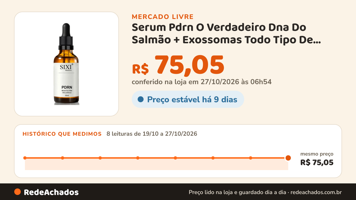 Histórico de preço de Serum Pdrn O Verdadeiro Dna Do Salmão + Exossomas Todo Tipo De Pele Dia/noite no Mercado Livre: 7 leituras de 19/10/2026 a 26/10/2026, mesmo preço, R$ 75,05, em todas; R$ 75,05 conferido em 26/10/2026 às 19h30