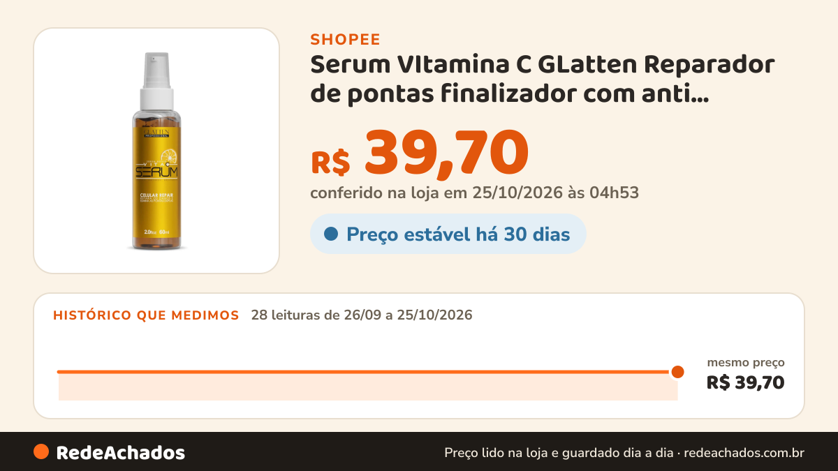 Histórico de preço de Serum VItamina C GLatten Reparador de pontas finalizador com anti envelhecimento do fio na Shopee: 28 leituras de 26/09/2026 a 25/10/2026, mesmo preço, R$ 39,70, em todas; R$ 39,70 conferido em 25/10/2026 às 04h53