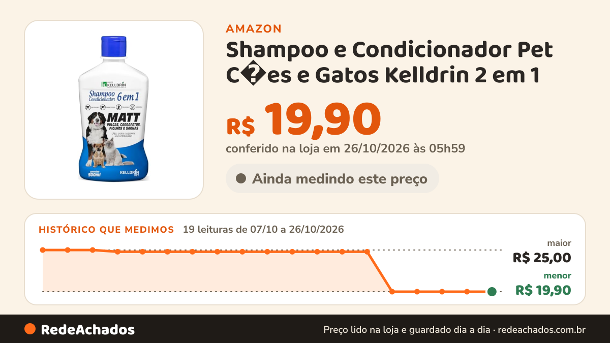 Histórico de preço de Shampoo e Condicionador Pet C�es e Gatos Kelldrin 2 em 1 na Amazon: 19 leituras de 07/10/2026 a 26/10/2026, menor R$ 19,90, maior R$ 25,00; R$ 19,90 conferido em 26/10/2026 às 05h59