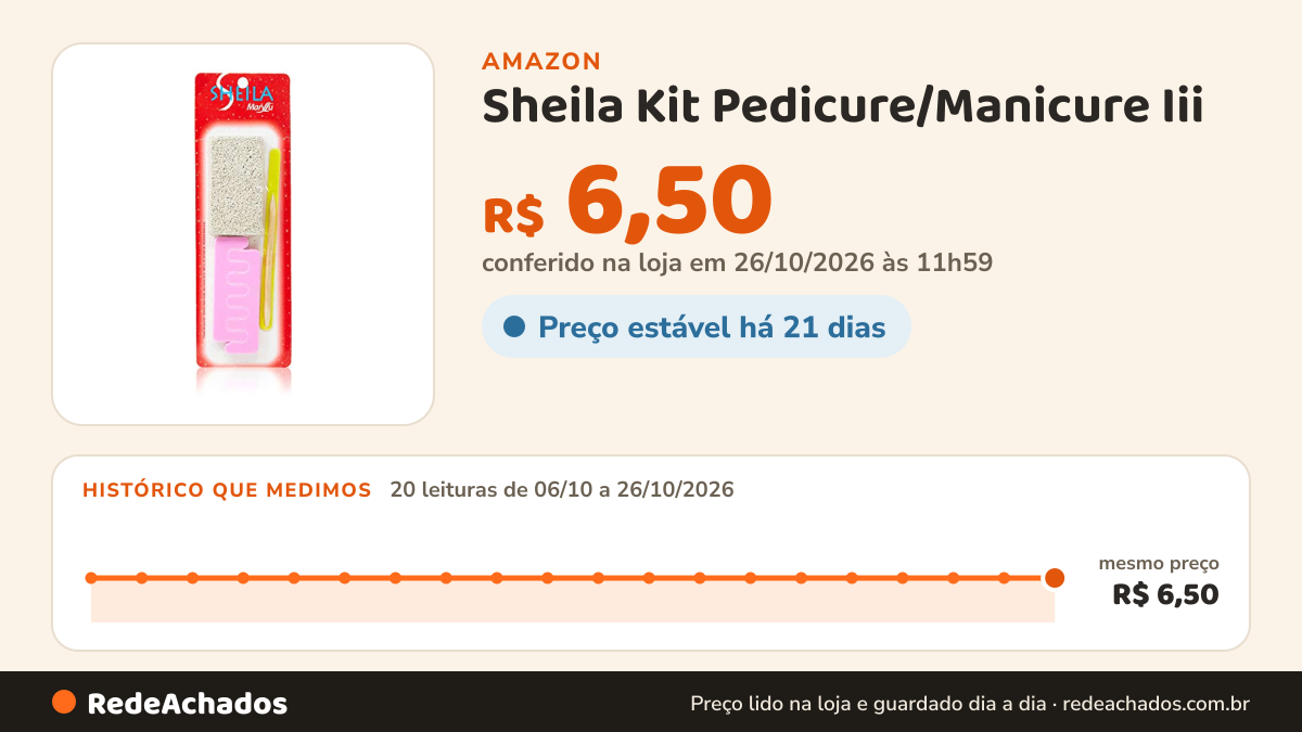 Histórico de preço de Sheila Kit Pedicure/Manicure Iii (Cor Dos Itens Pode Variar) Azul Azul na Amazon: 20 leituras de 06/10/2026 a 26/10/2026, mesmo preço, R$ 6,50, em todas; R$ 6,50 conferido em 26/10/2026 às 11h59