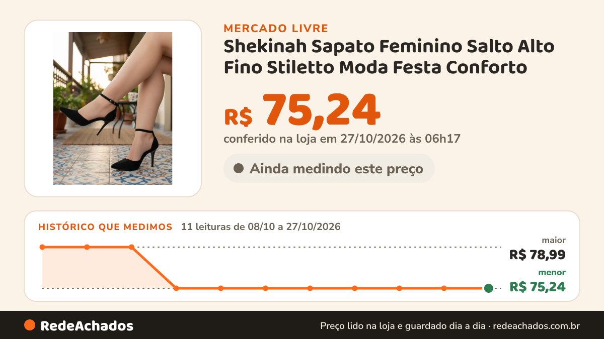 Histórico de preço de Shekinah Sapato Feminino Salto Alto Fino Stiletto Moda Festa Conforto no Mercado Livre: 11 leituras de 08/10/2026 a 27/10/2026, menor R$ 75,24, maior R$ 78,99; R$ 75,24 conferido em 27/10/2026 às 06h17
