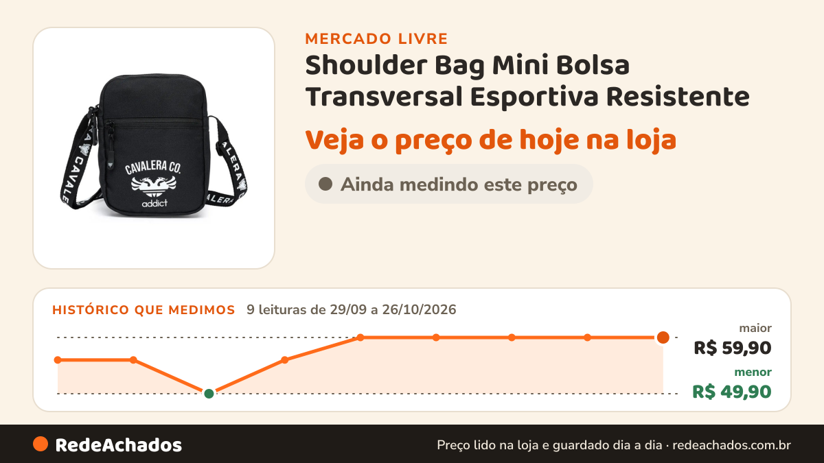 Histórico de preço de Shoulder Bag Mini Bolsa Transversal Esportiva Resistente no Mercado Livre: 9 leituras de 29/09/2026 a 26/10/2026, menor R$ 49,90, maior R$ 59,90