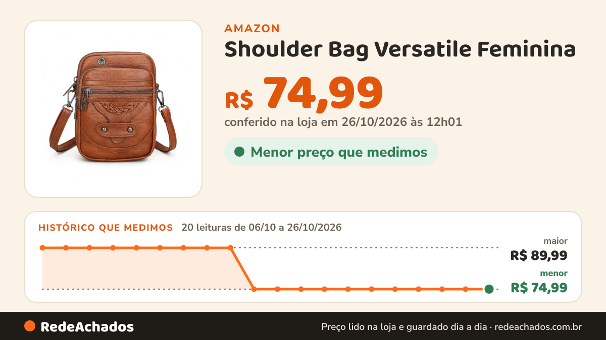 Histórico de preço de Shoulder Bag Versatile Feminina – Compacta, 4 Compartimentos, Alça Ajustável, "Eco… na Amazon: 20 leituras de 06/10/2026 a 26/10/2026, menor R$ 74,99, maior R$ 89,99; R$ 74,99 conferido em 26/10/2026 às 12h01