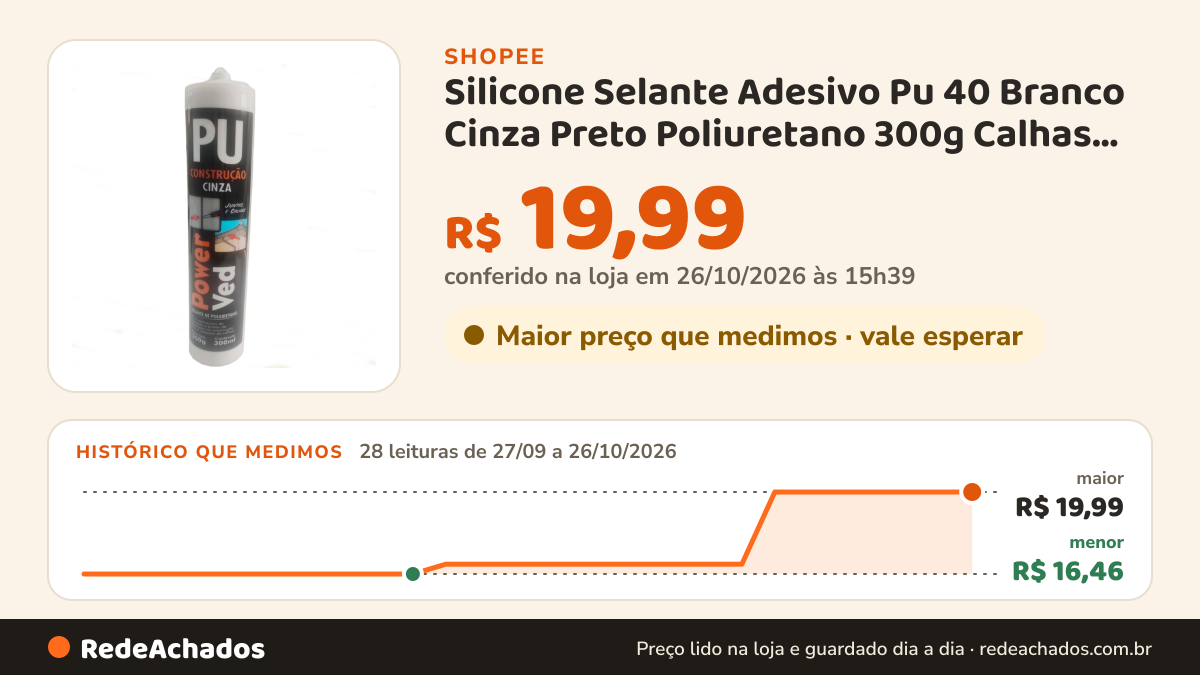 Histórico de preço de Silicone Selante Adesivo Pu 40 Branco Cinza Preto Poliuretano 300g Calhas Concreto Metal… na Shopee: 28 leituras de 27/09/2026 a 26/10/2026, menor R$ 16,46, maior R$ 19,99; R$ 19,99 conferido em 26/10/2026 às 15h39