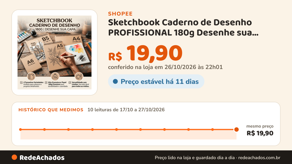 Histórico de preço de Sketchbook Caderno de Desenho PROFISSIONAL 180g Desenhe sua CAPA desenho a lapis na Shopee: 10 leituras de 17/10/2026 a 27/10/2026, mesmo preço, R$ 19,90, em todas; R$ 19,90 conferido em 26/10/2026 às 22h01