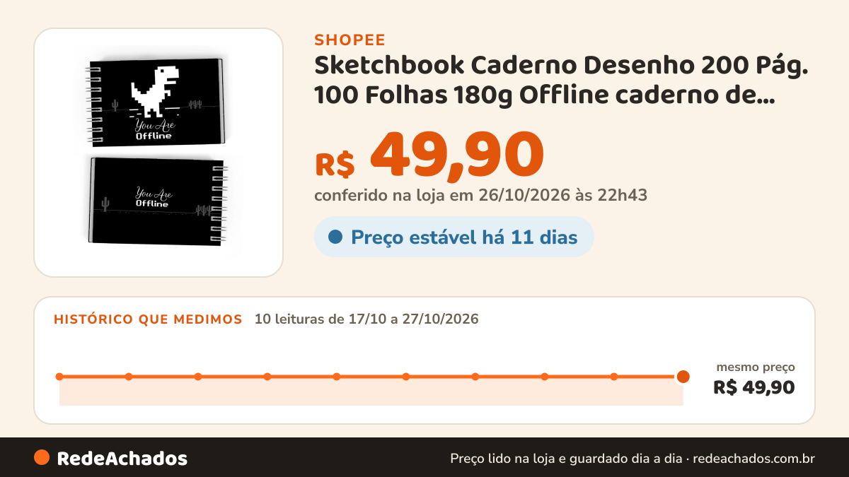 Histórico de preço de Sketchbook Caderno Desenho 200 Pág. 100 Folhas 180g Offline caderno de esboço para… na Shopee: 10 leituras de 17/10/2026 a 27/10/2026, mesmo preço, R$ 49,90, em todas; R$ 49,90 conferido em 26/10/2026 às 22h43