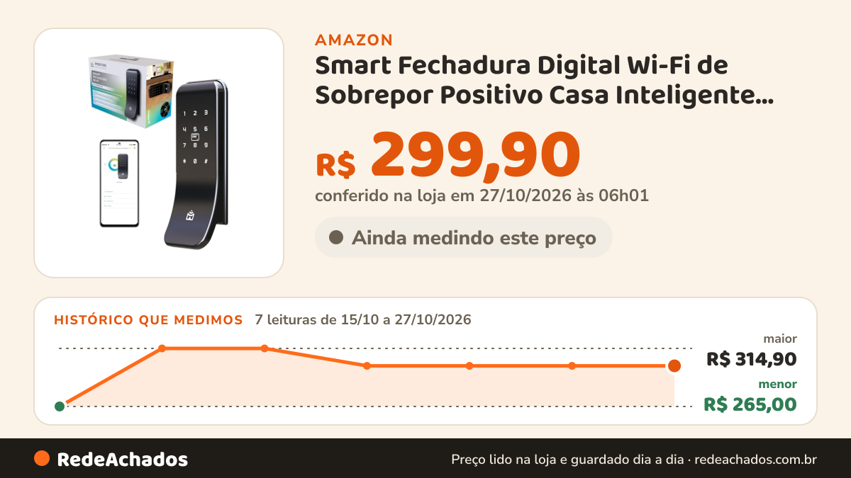 Histórico de preço de Smart Fechadura Digital Wi-Fi de Sobrepor Positivo Casa Inteligente, Abertura por Senha… na Amazon: 7 leituras de 15/10/2026 a 27/10/2026, menor R$ 265,00, maior R$ 314,90; R$ 299,90 conferido em 27/10/2026 às 06h01