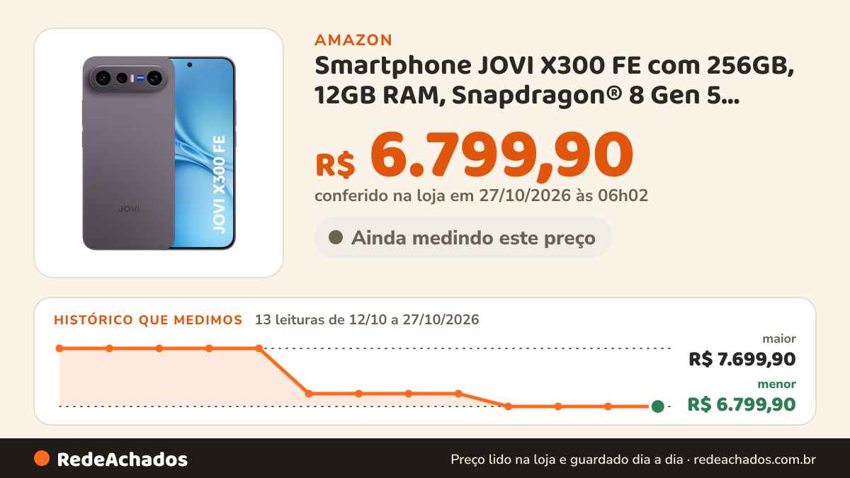 Histórico de preço de Smartphone JOVI X300 FE com 256GB, 12GB RAM, Snapdragon® 8 Gen 5, câmera 50MP, tela AMOLED… na Amazon: 12 leituras de 12/10/2026 a 25/10/2026, menor R$ 6.799,90, maior R$ 7.699,90