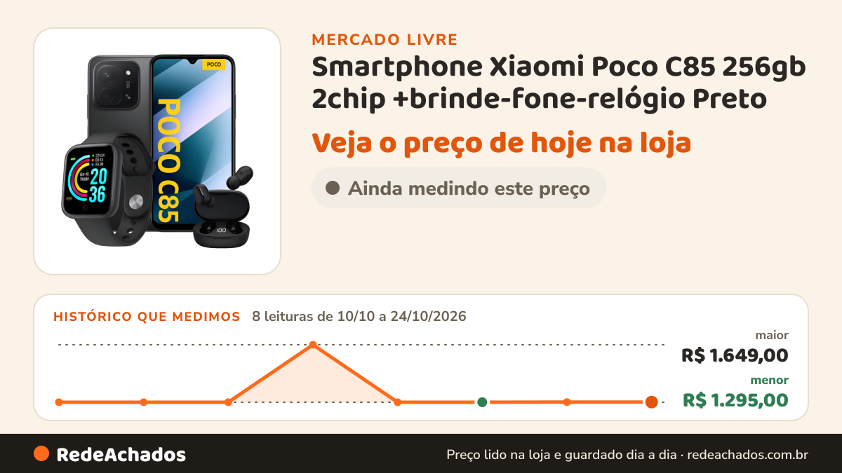 Histórico de preço de Smartphone Xiaomi Poco C85 256gb 2chip +brinde-fone-relógio Preto no Mercado Livre: 8 leituras de 10/10/2026 a 24/10/2026, menor R$ 1.295,00, maior R$ 1.649,00