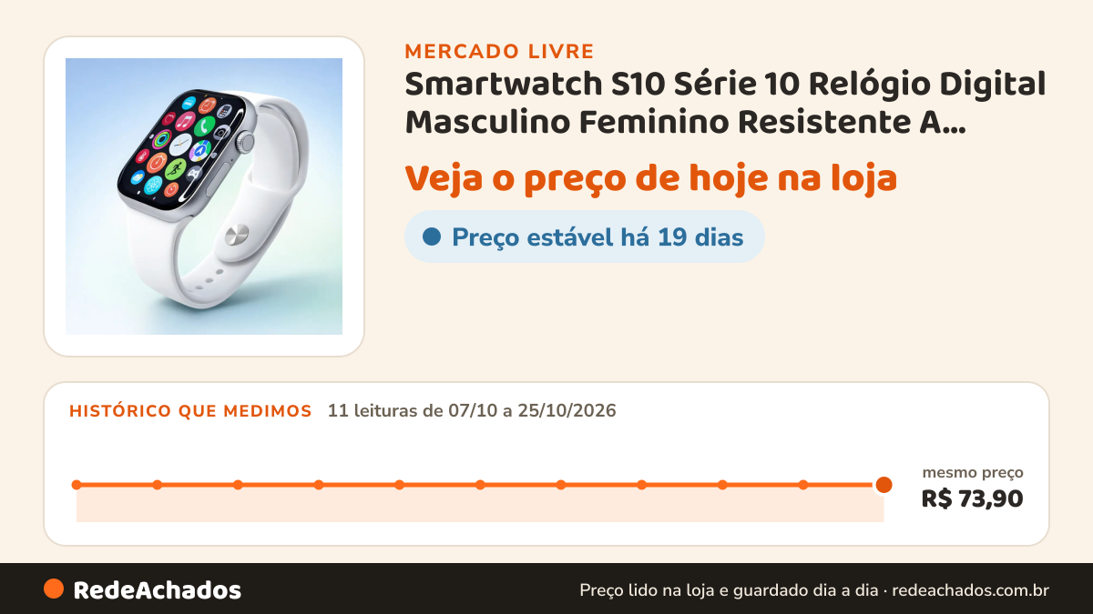 Histórico de preço de Smartwatch S10 Série 10 Relógio Digital Masculino Feminino Resistente A Agua Caixa… no Mercado Livre: 11 leituras de 07/10/2026 a 25/10/2026, mesmo preço, R$ 73,90, em todas