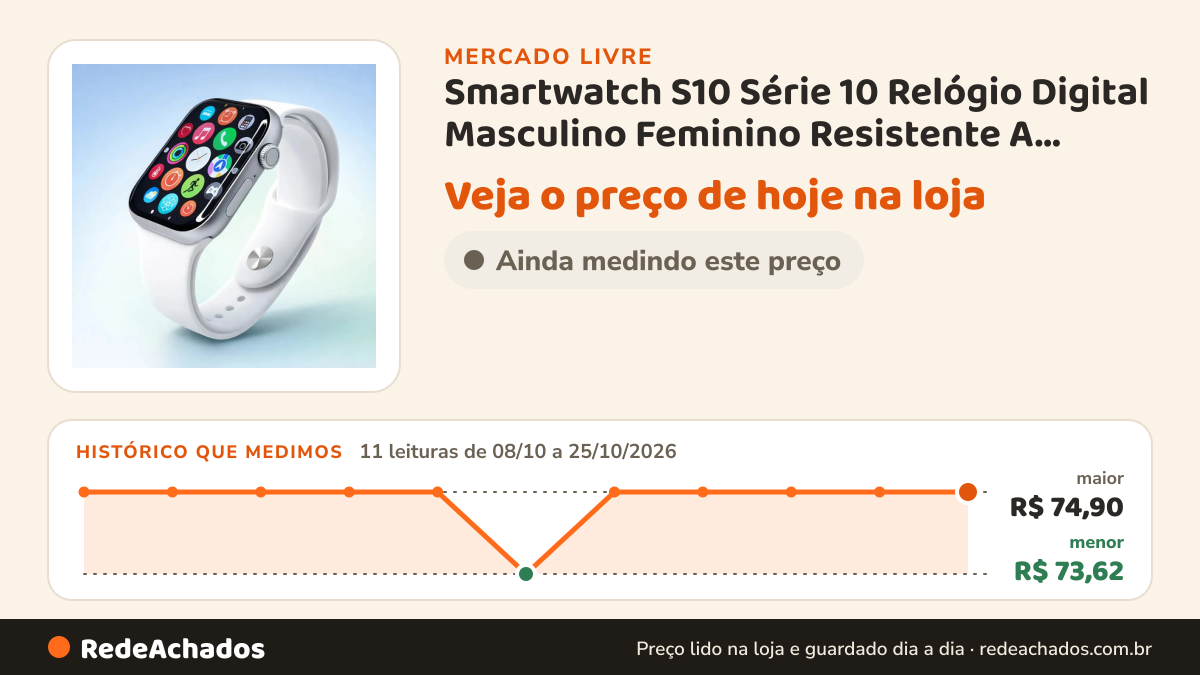 Histórico de preço de Smartwatch S10 Série 10 Relógio Digital Masculino Feminino Resistente A Agua Cai no Mercado Livre: 11 leituras de 08/10/2026 a 25/10/2026, menor R$ 73,62, maior R$ 74,90