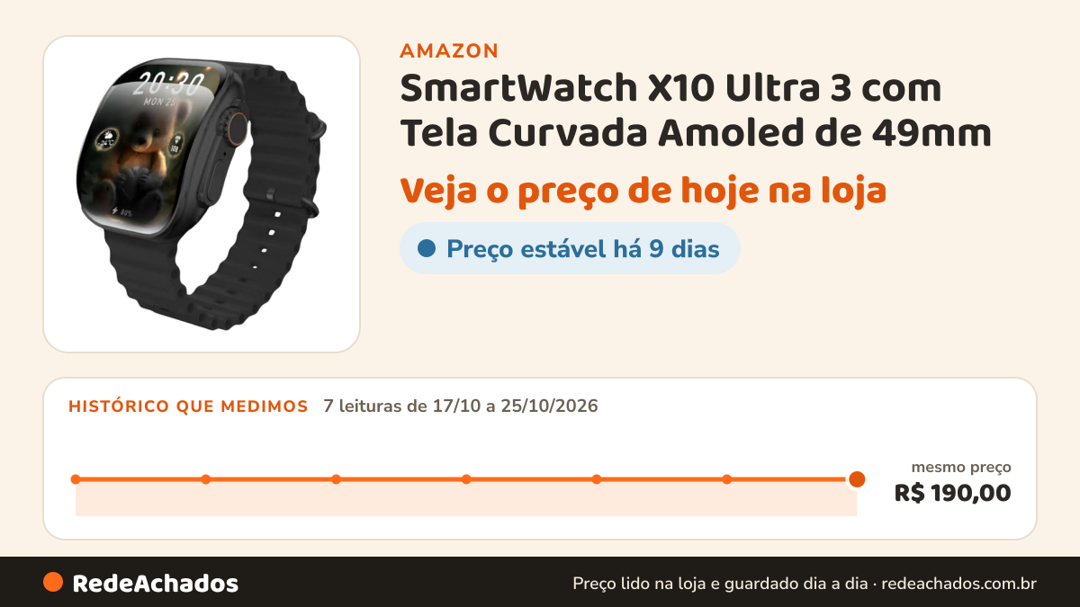 Histórico de preço de SmartWatch X10 Ultra 3 com Tela Curvada Amoled de 49mm na Amazon: 7 leituras de 17/10/2026 a 25/10/2026, mesmo preço, R$ 190,00, em todas