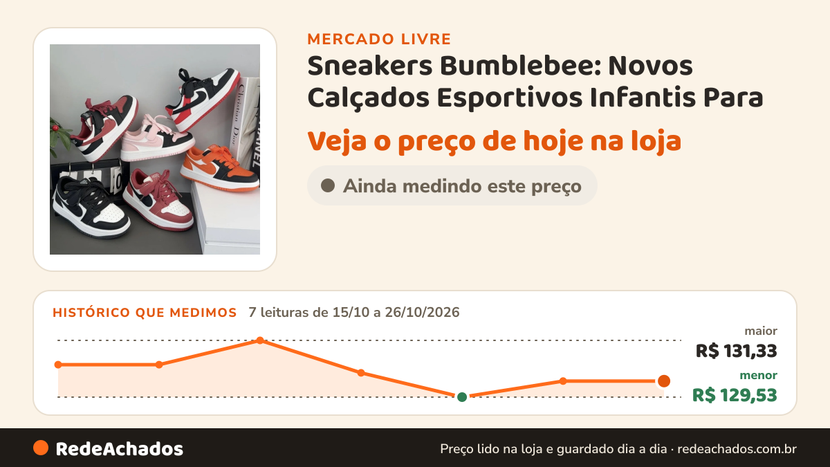 Histórico de preço de Sneakers Bumblebee: Novos Calçados Esportivos Infantis Para no Mercado Livre: 7 leituras de 15/10/2026 a 26/10/2026, menor R$ 129,53, maior R$ 131,33
