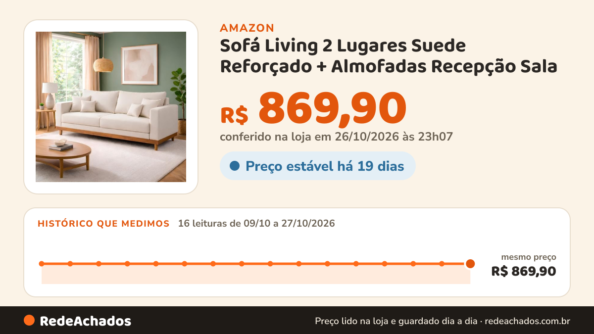 Histórico de preço de Sofá Living 2 Lugares Suede Reforçado + Almofadas Recepção Sala - Balaqui Decor Cor:preto na Amazon: 16 leituras de 09/10/2026 a 27/10/2026, mesmo preço, R$ 869,90, em todas; R$ 869,90 conferido em 26/10/2026 às 23h07