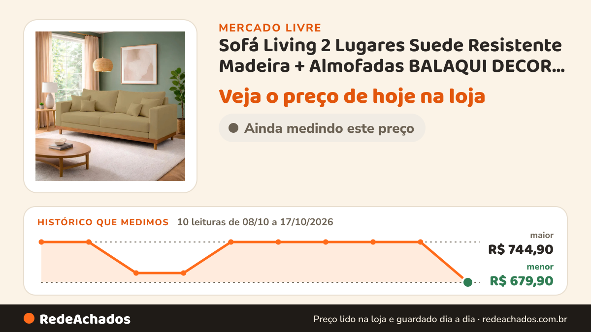 Histórico de preço de Sofá Living 2 Lugares Suede Resistente Madeira + Almofadas BALAQUI DECOR 3.9 | + no Mercado Livre: 10 leituras de 08/10/2026 a 17/10/2026, menor R$ 679,90, maior R$ 744,90