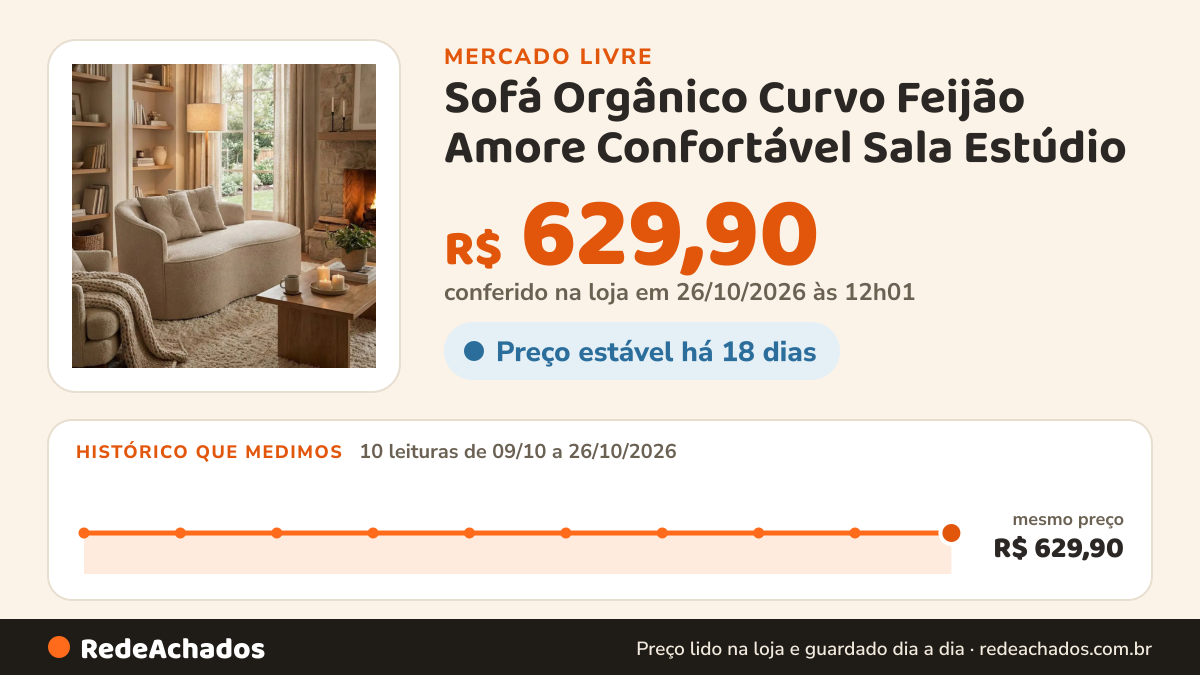 Histórico de preço de Sofá Orgânico Curvo Feijão Amore Confortável Sala Estúdio no Mercado Livre: 10 leituras de 09/10/2026 a 26/10/2026, mesmo preço, R$ 629,90, em todas; R$ 629,90 conferido em 26/10/2026 às 12h01